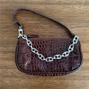 BY FAR Brown Croc-Embossed Leather Shoulder Bag with Silver Chain